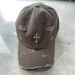 Chrome Hearts Dark Grey Cross Distressed Style Cross Accessory Baseball Cap
